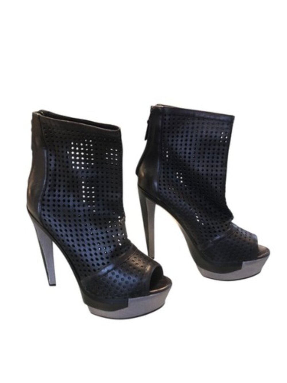 Brian Atwood Perforated Leather Ankle Boots Black Womens Size 8.5 Bikercore